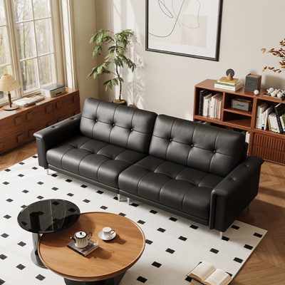 Button-Tufted Leather Sofa view 1